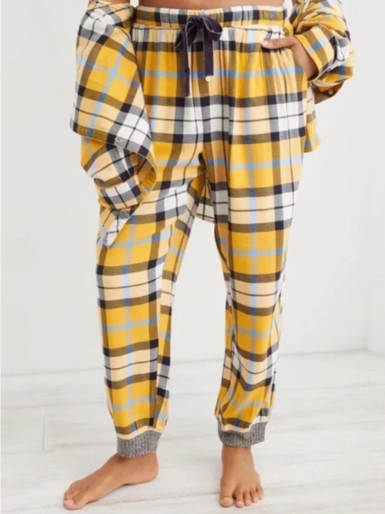 aerie Other - Aerie Plaid Flannel Jogger Pajama Pants Yellow Navy Drawstring Size Small Long